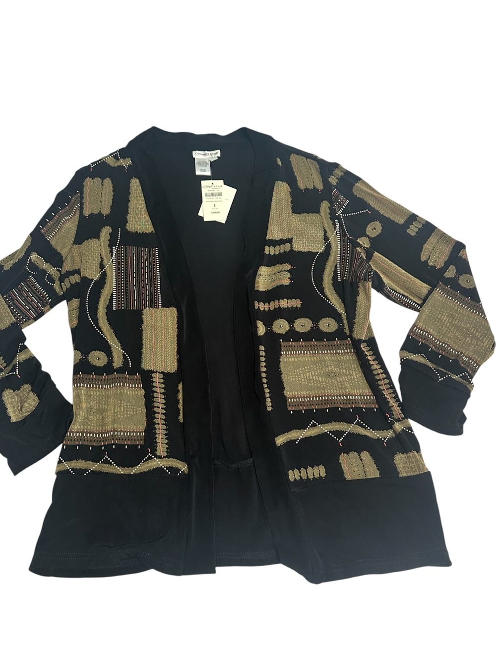 NWT COLDWATER CREEK Black Tribal Print Liquid Slinky Knit Open Cardigan Sz Large